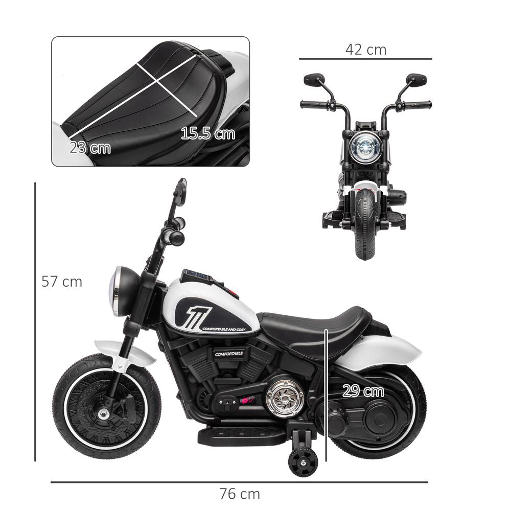 6V Electric Motorbike w/ Training Wheels, One-Button Start, Headlight - White - anydaydirect