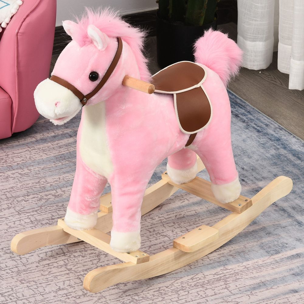 Kids Plush Rocking Horse w/ Moving Mouth Tail Sounds 18-36 Months Pink HOMCOM - anydaydirect