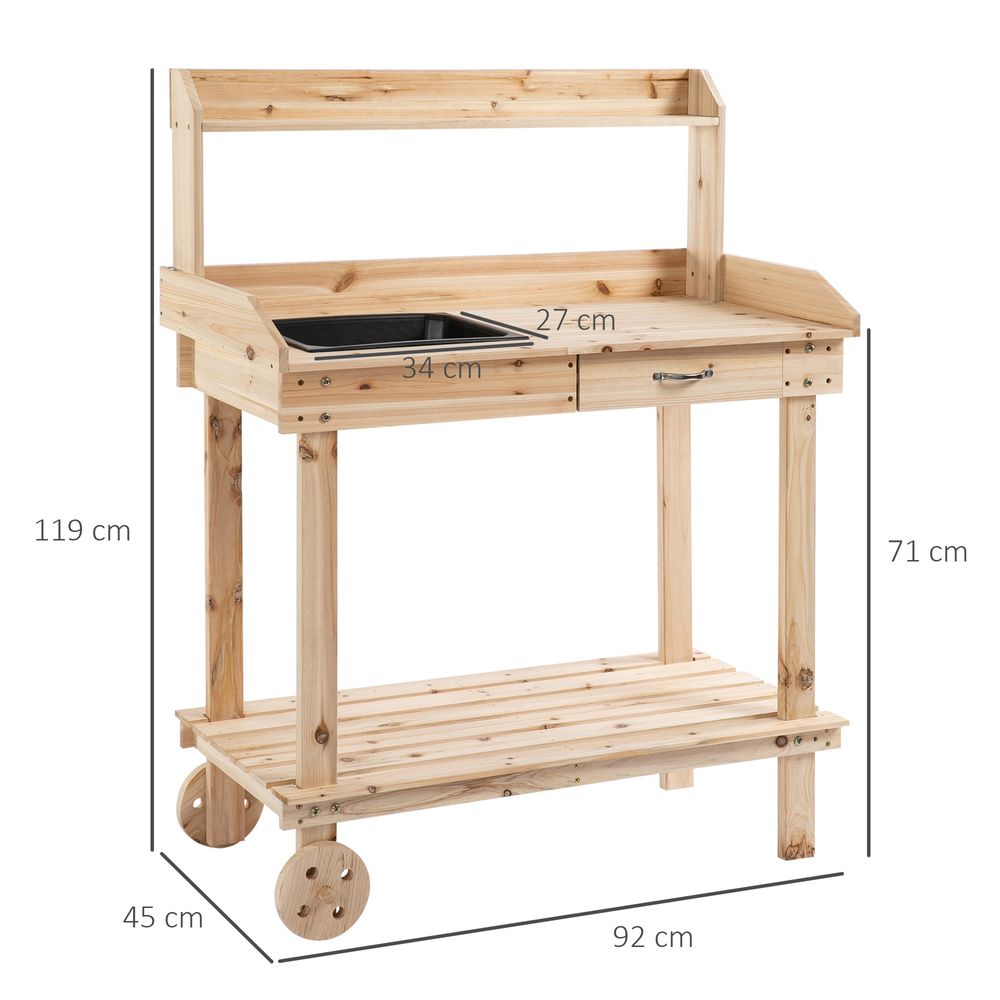 Wooden Bench Work Table & 2 Wheels, Sink, Drawer & Storage Spaces, 92x45x119cm - anydaydirect