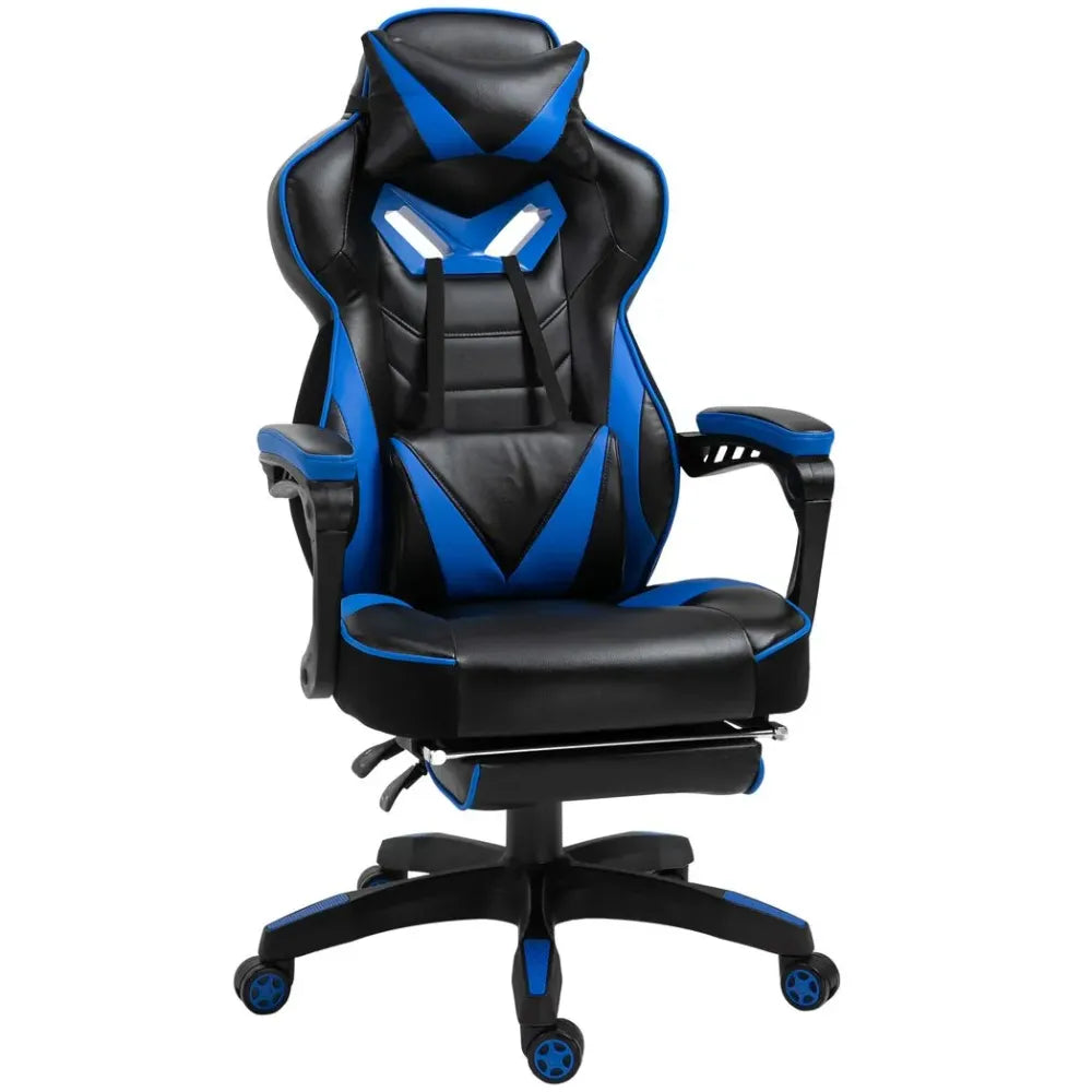 Gaming Chair Ergonomic Reclining w/ Manual Footrest Wheels Stylish Office Blue - anydaydirect