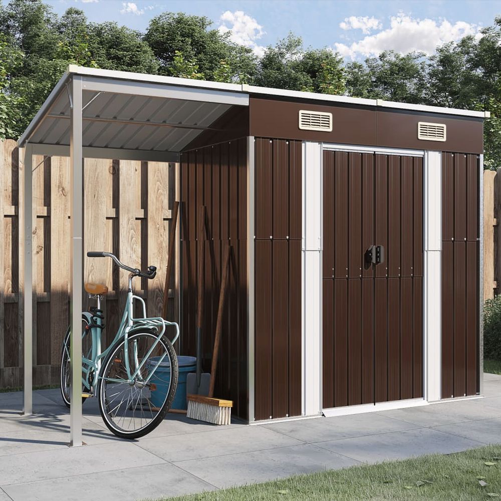 vidaXL Garden Shed with Extended Roof Brown 277x110.5x181 cm Steel - anydaydirect