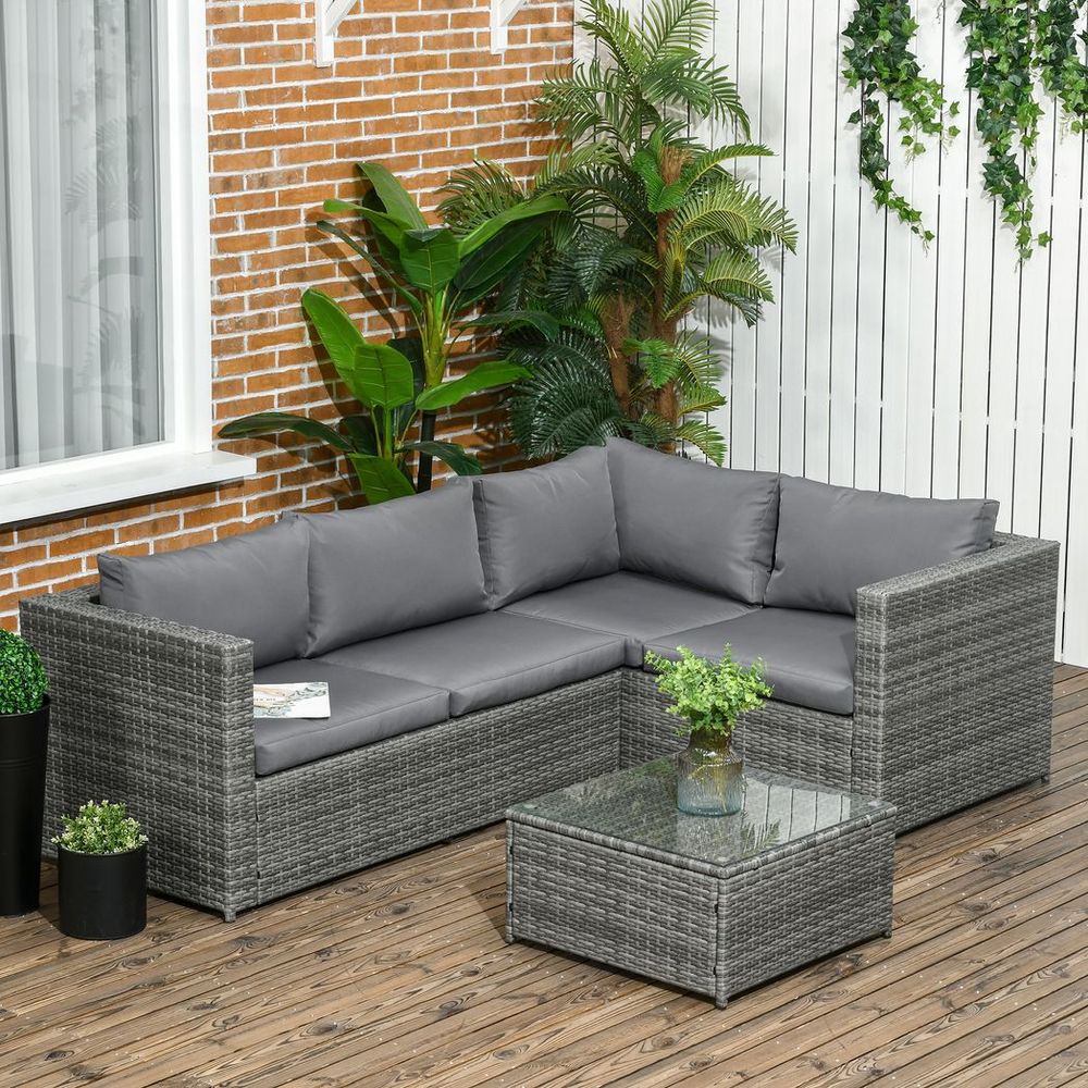 Outsunny 3Pcs Rattan Corner Sofa Set Coffee Table Garden Furniture w/ Cushion - anydaydirect
