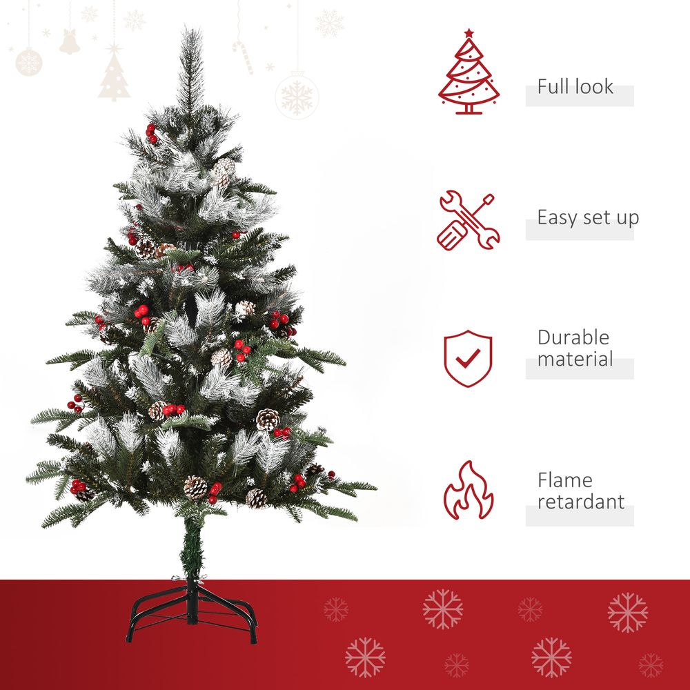 4FT Artificial SnowDipped Christmas Tree Foldable Berries White Pinecones Green - anydaydirect