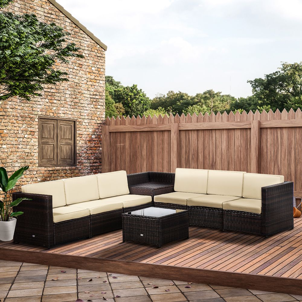 Outsunny 6-Seater Rattan Sofa Furniture Set W/Cushions, Steel Frame-Brown - anydaydirect