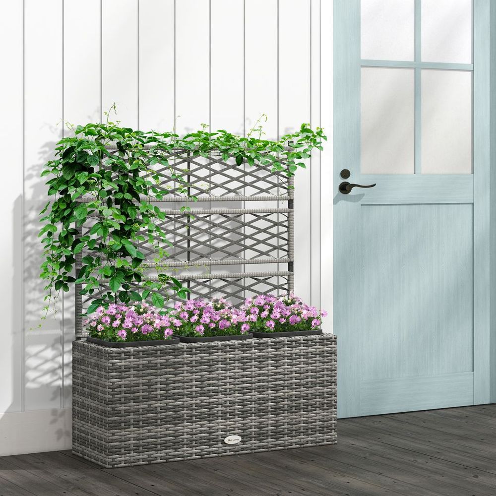 Outsunny Garden PE Rattan Planter Box w/ Trellis Flower Raised Bed, 84x30x107cm - anydaydirect