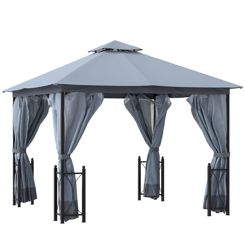 4 x 3.35m Metal Gazebo with 2 Tier Roof, Net and Curtains, Steel Frame, Grey - anydaydirect