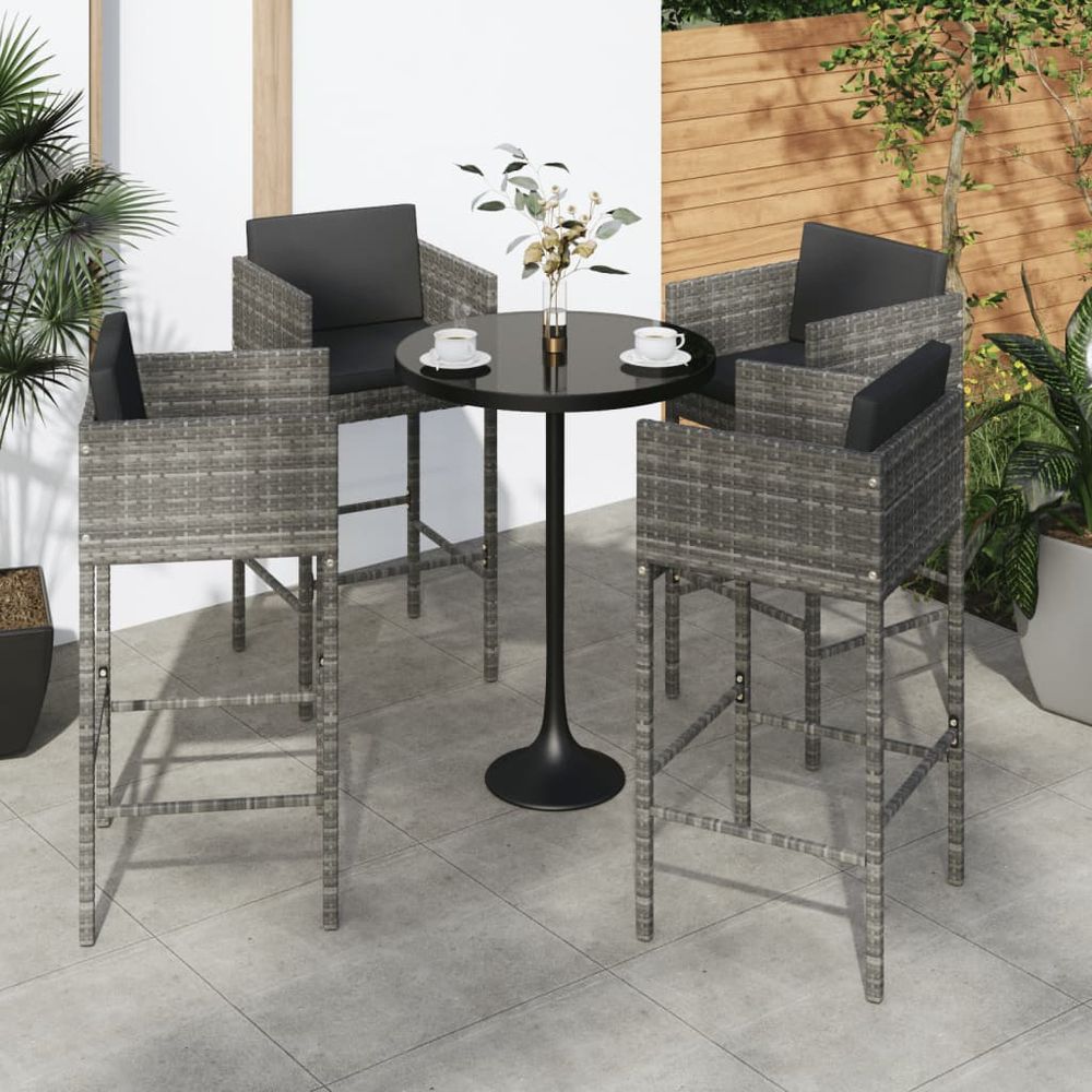 Bar Stools 4 pcs with Cushions Grey Poly Rattan - anydaydirect