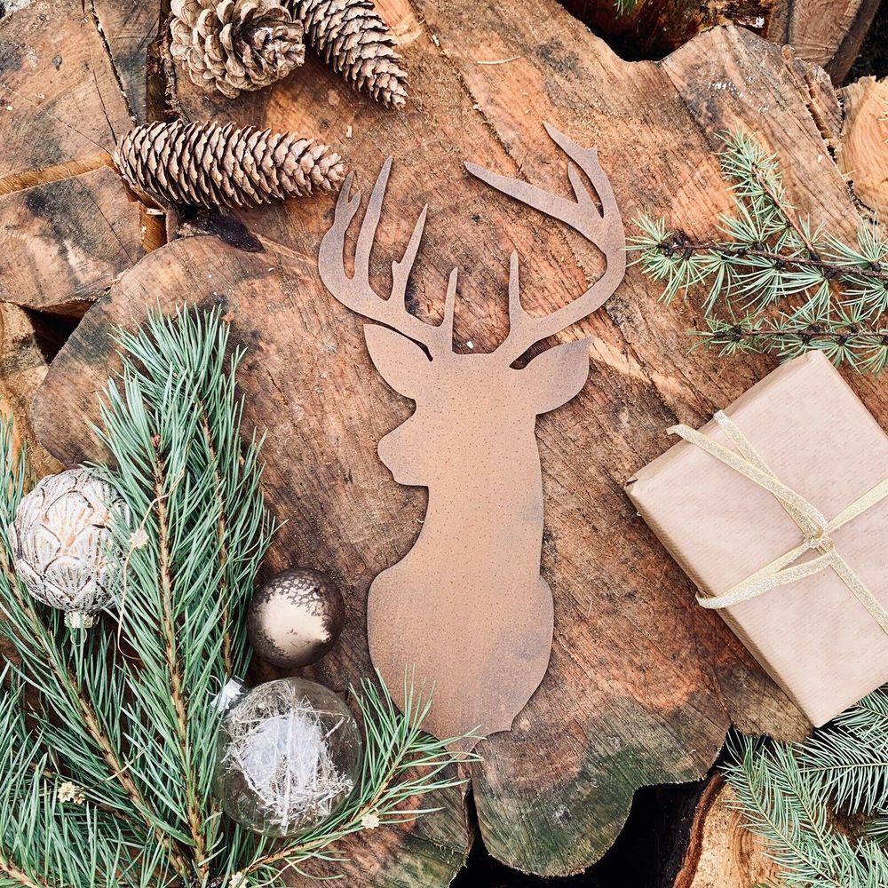 Rustic Rusty STAGS HEAD Metal Christmas Decoration - anydaydirect