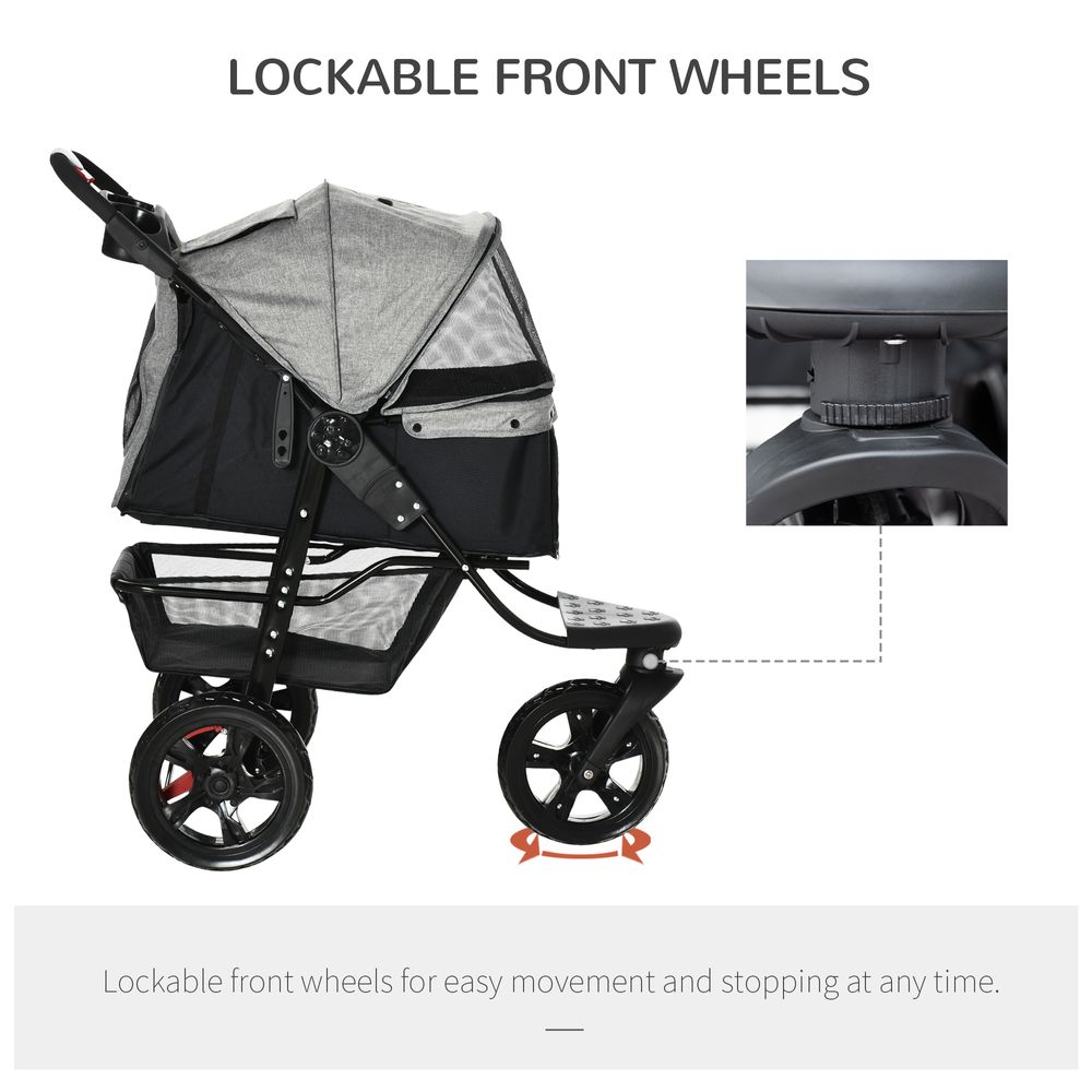 Folding 3 Wheel Pet Stroller Travel w/ Adjustable Canopy Storage Brake Grey - anydaydirect
