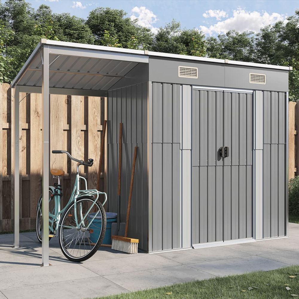 vidaXL Garden Shed with Extended Roof Light Grey 277x110.5x181 cm Steel - anydaydirect