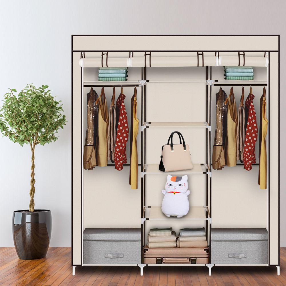 69" Portable Clothes Closet Non-Woven Fabric Wardrobe Double Rod Storage Organizer Beige - anydaydirect