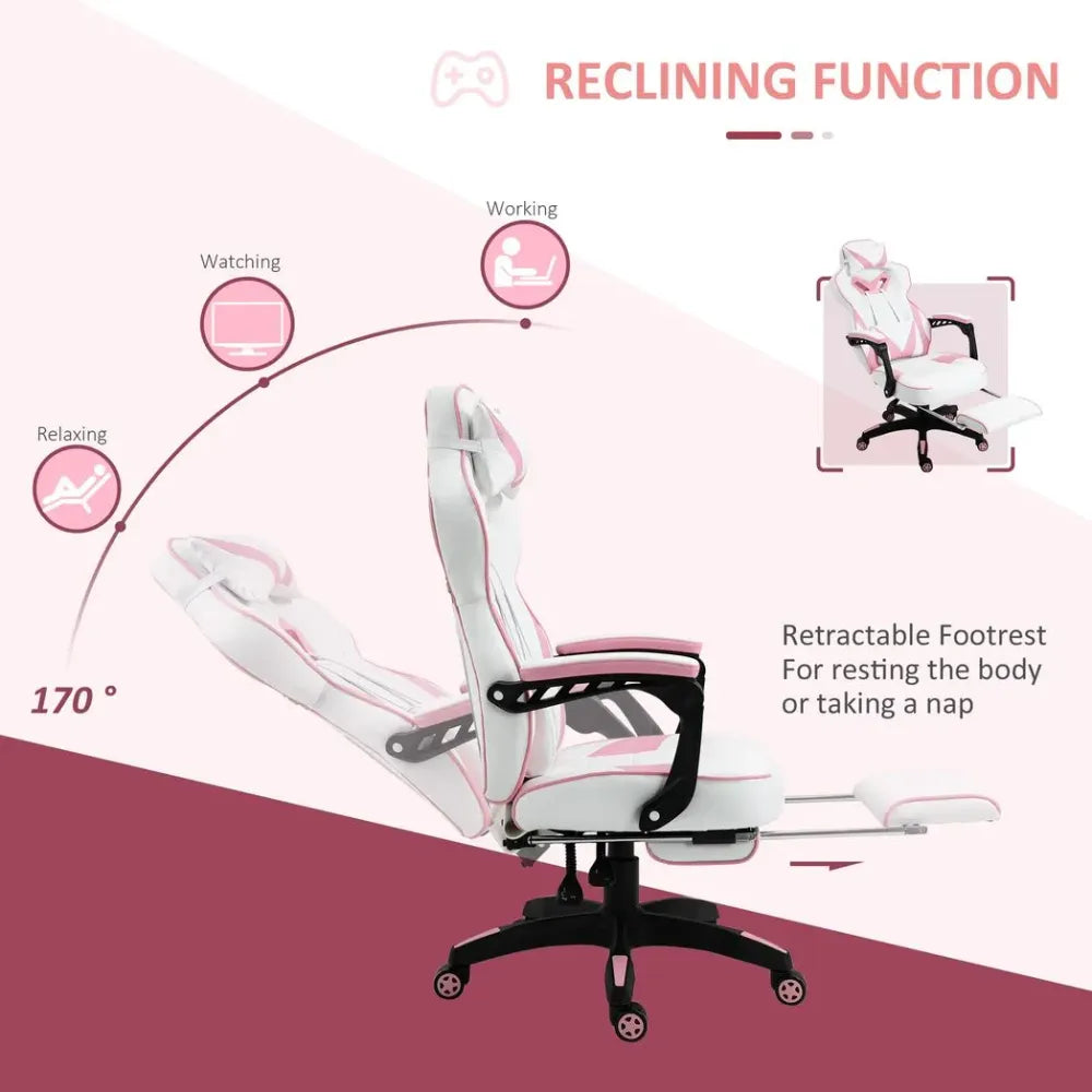 Gaming Chair Ergonomic Reclining w/ Manual Footrest Wheels Stylish Office Pink - anydaydirect