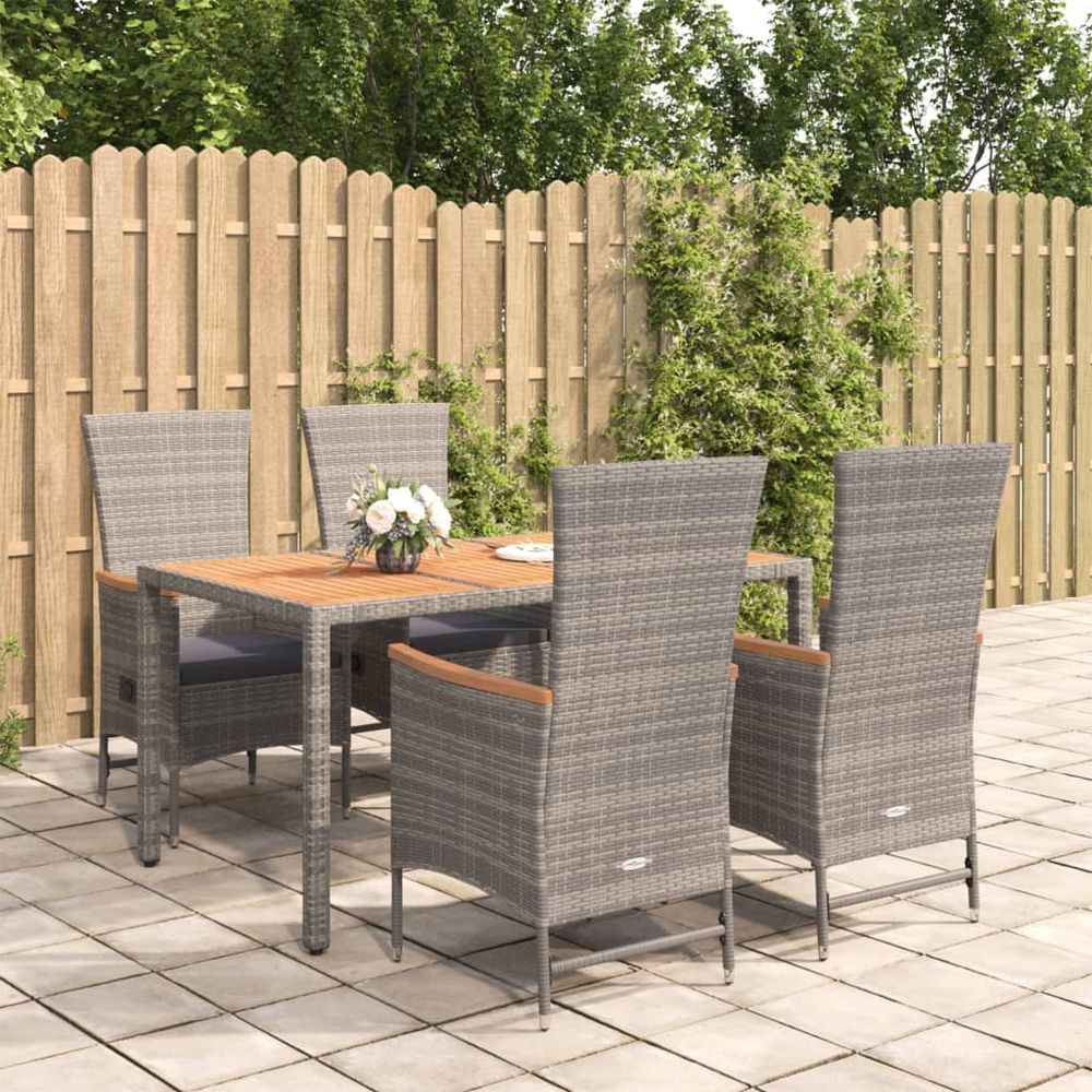 5 Piece Garden Dining Set Grey Poly Rattan&Solid Wood Acacia - anydaydirect