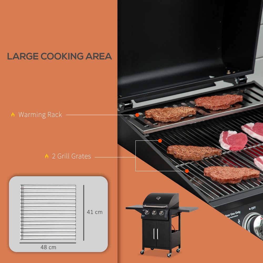 3 Burner Gas BBQ Grill Portable Barbecue Trolley Warming Rack Storage Cabinet - anydaydirect
