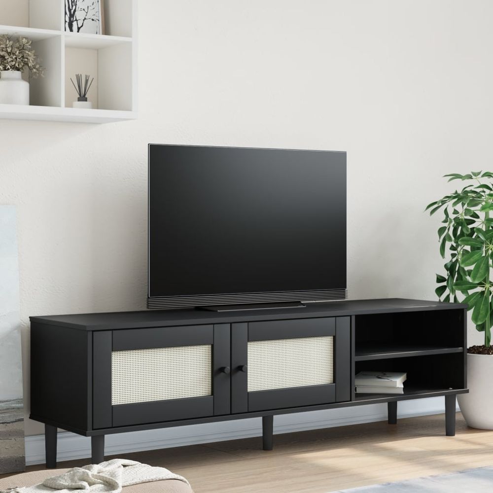 vidaXL TV Cabinet SENJA Rattan Look Black 158x40x49cm Solid Wood Pine - anydaydirect
