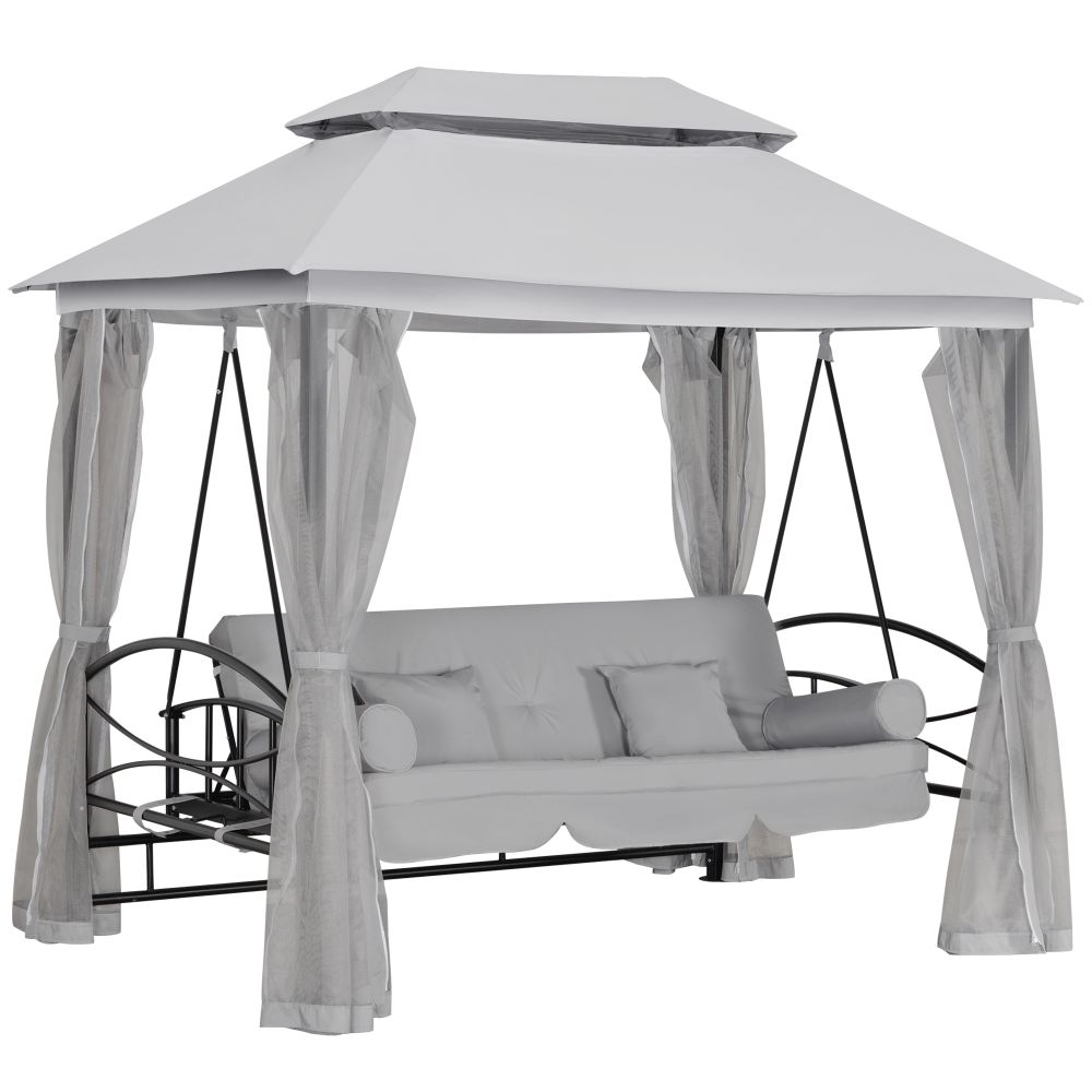 2-in-1 Convertible Swing Chair Bed 3 Seater Hammock Gazebo Cushioned Seat - Grey - anydaydirect