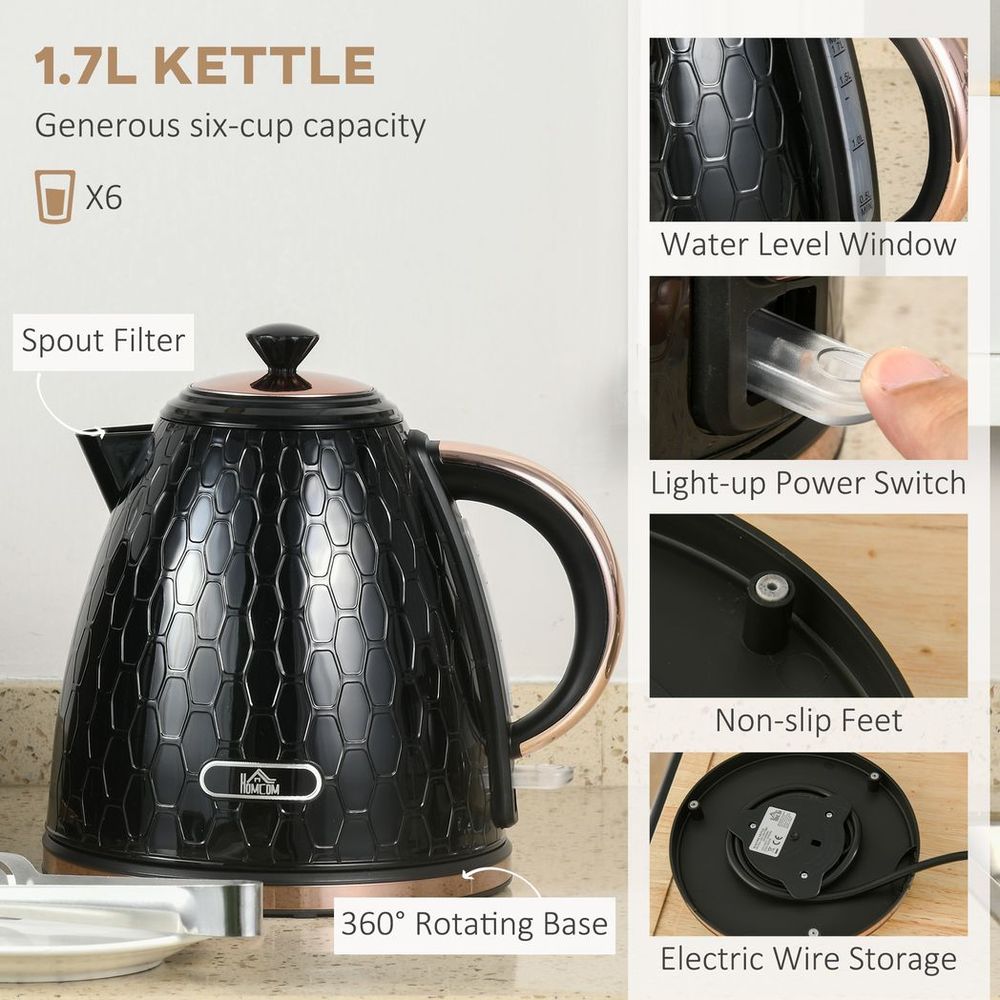 HOMCOM Kettle and Toaster Set 1.7L Fast Boil Kettle & 2 Slice Toaster Set Black - anydaydirect
