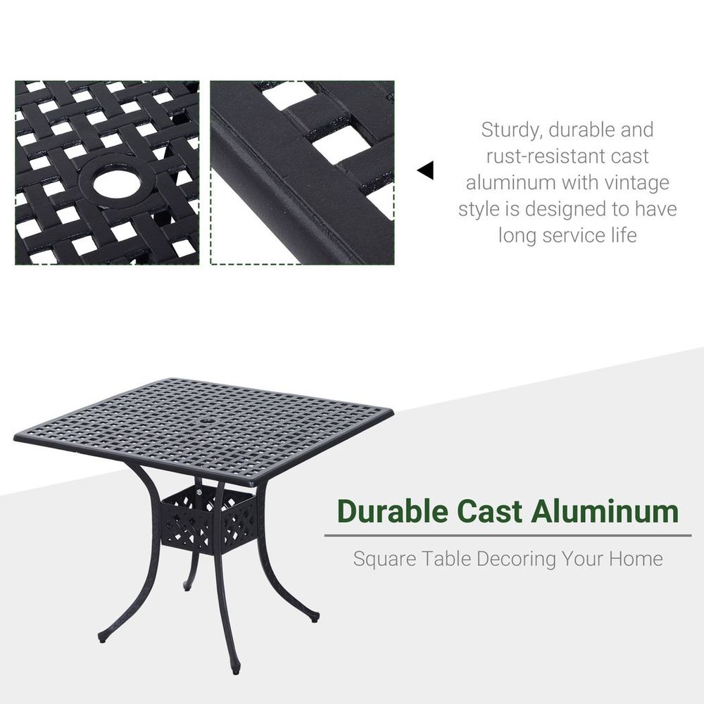Outsunny Square Aluminium Outdoor Garden Dining Table with Umbrella Hole, Black - anydaydirect