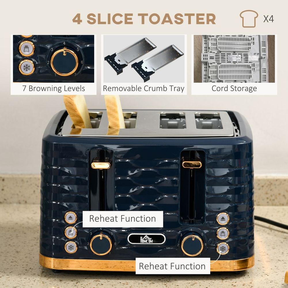 HOMCOM Kettle and Toaster Set 1.7L Rapid Boil Kettle & 4 Slice Toaster Blue - anydaydirect