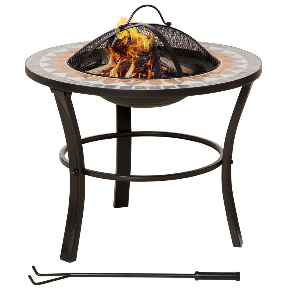 60cm Outdoor Fire Pit Table with Mosaic Outer, Spark Screen Cover and Fire Poker - anydaydirect