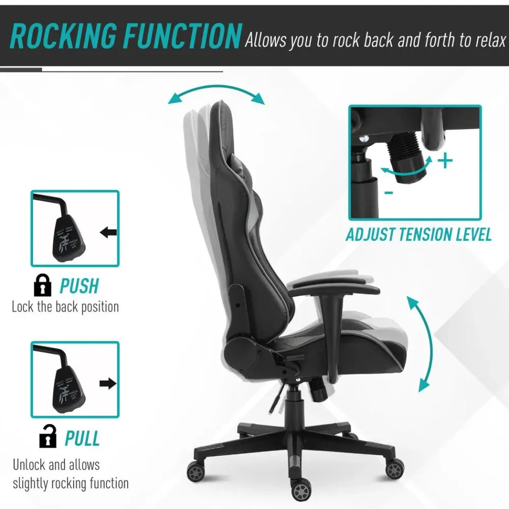 PU Leather Gaming Chair with Adjustable Head Pillow and Lumbar Support, Black - anydaydirect