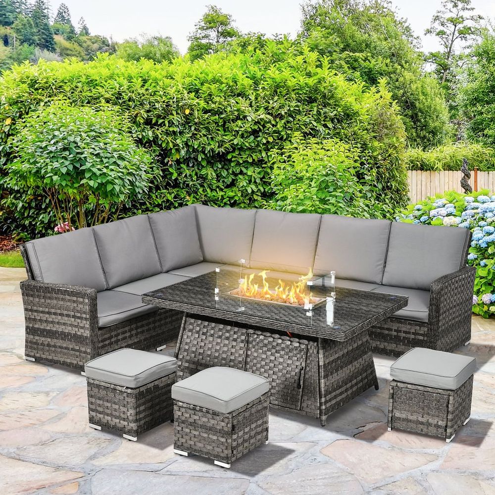 Outsunny 7 Pieces Rattan Garden Furniture Set w/ 50,000 BTU Gas Fire Pit Table - anydaydirect
