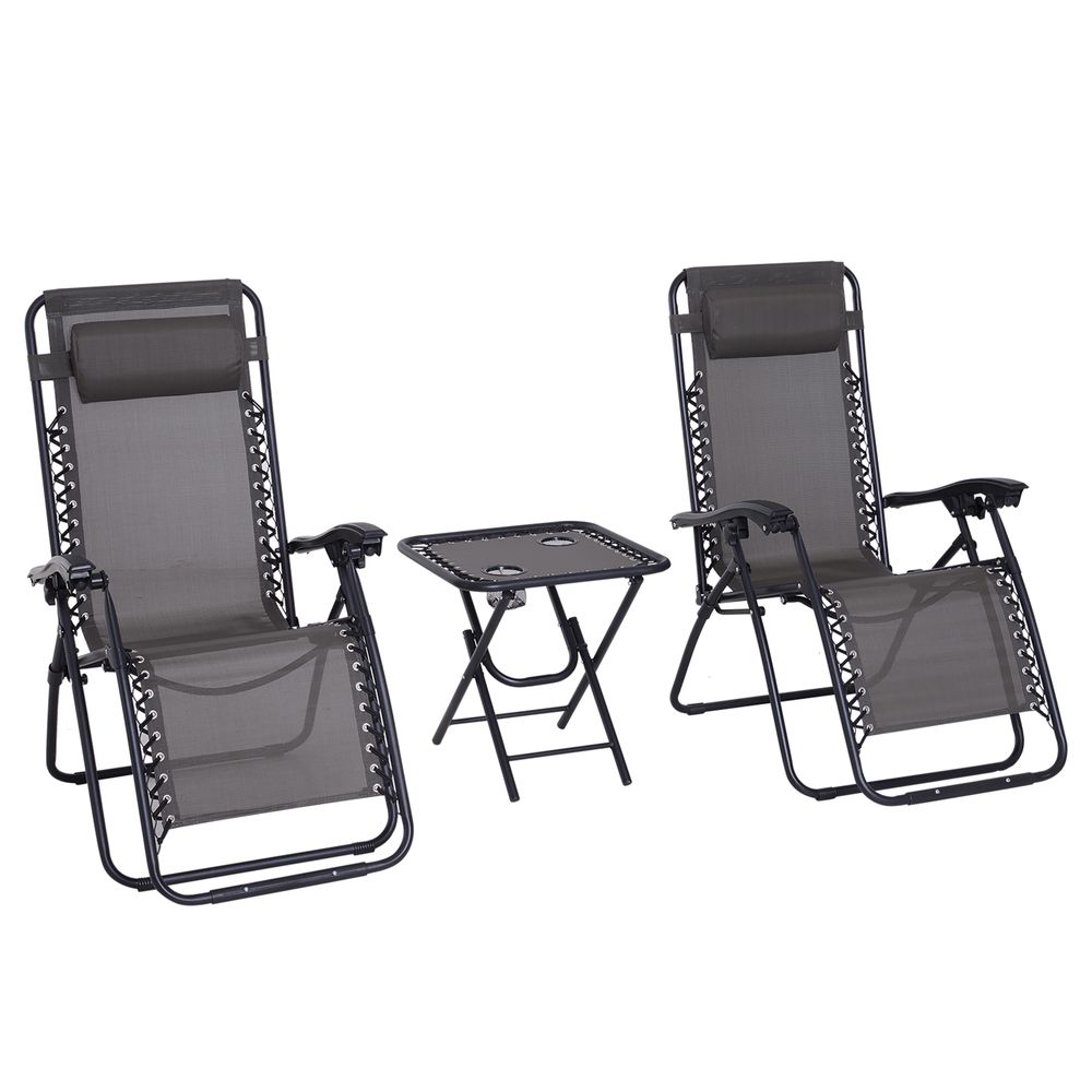 3PC Zero Gravity Chairs Sun Lounger Table Set Cup Holders Dark Grey Outsunny - anydaydirect
