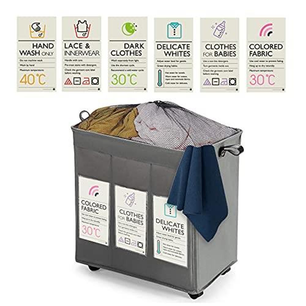 KNIGHT 3 Section Laundry Storage Basket 120L Collapsible on Wheels (Grey) - anydaydirect