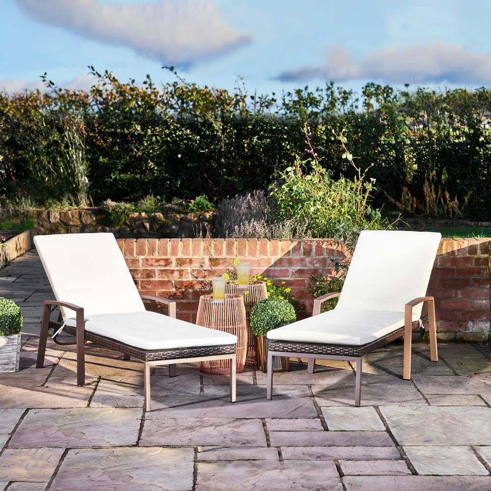Garden Patio Furniture Set of 2 Rattan Sun Loungers with Cushions - anydaydirect