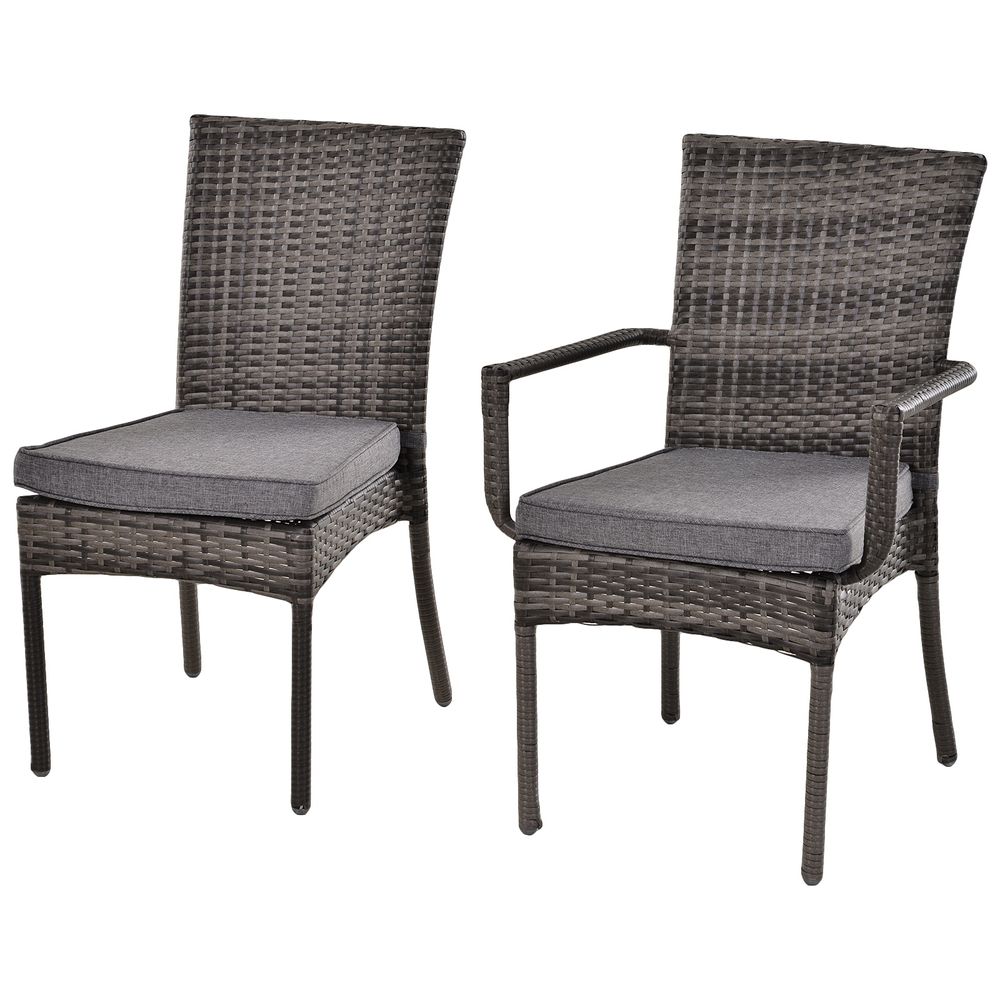 7 Pcs Dining Set Rattan Wicker 6 Chairs Table Glass Pads Thick Cushions Grey - anydaydirect