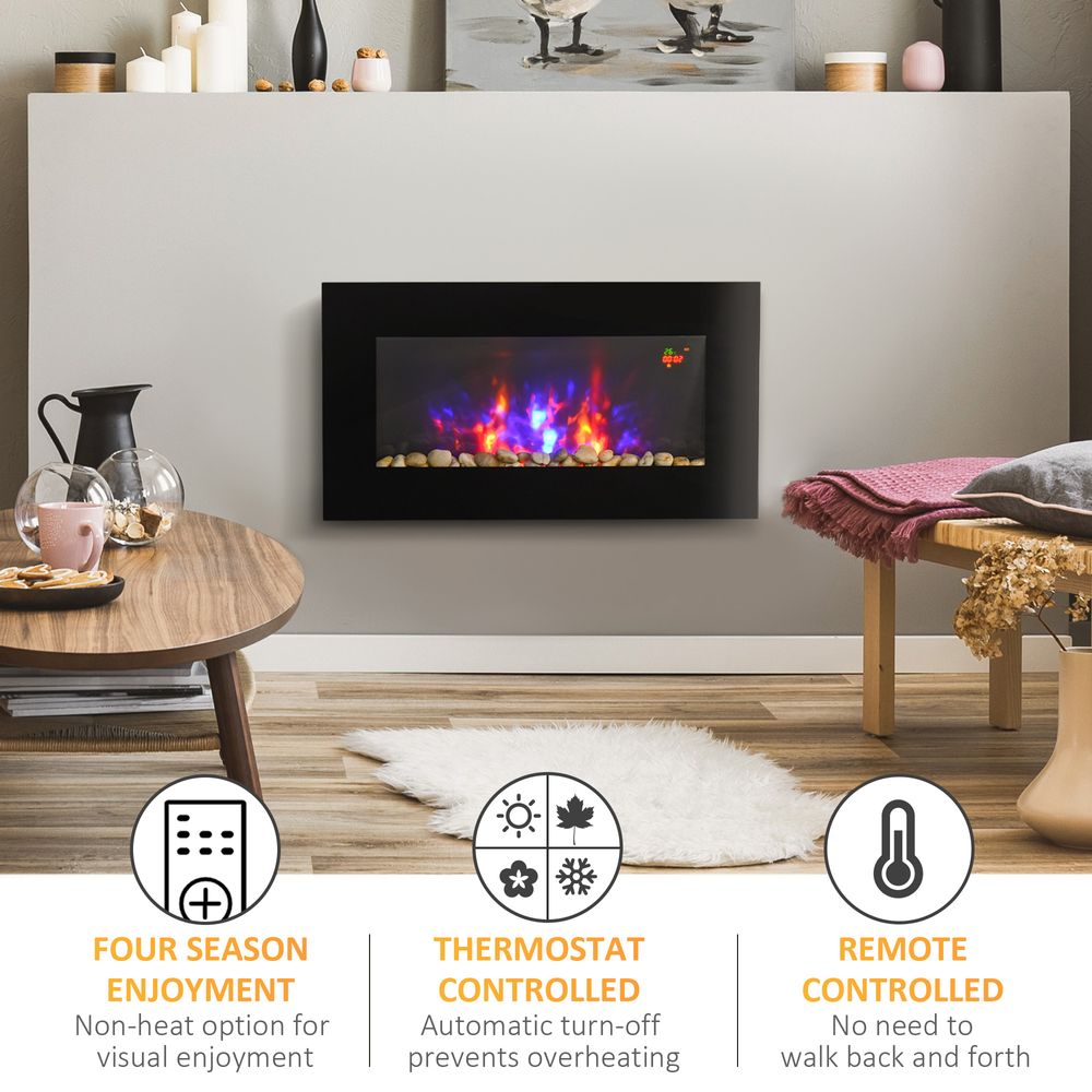 1000W Wall Mounted Tempered Glass Electric Fireplace Heater Black - anydaydirect