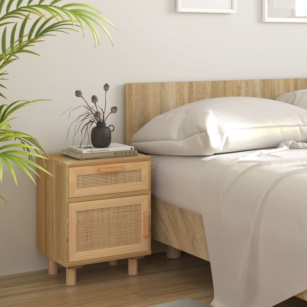 Bedside Cabinet Brown Solid Wood Pine and Natural Rattan - anydaydirect