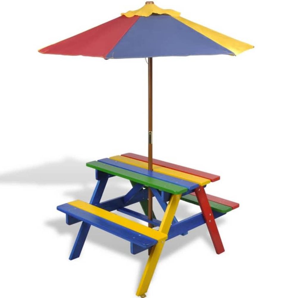 Kids' Picnic Table with Benches and Parasol Multicolour Wood - anydaydirect