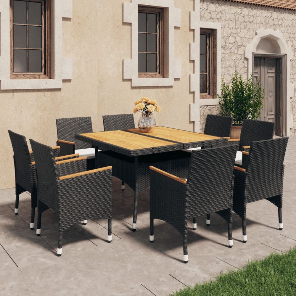 9 Piece Garden Dining Set Poly Rattan and Solid Wood Black - anydaydirect