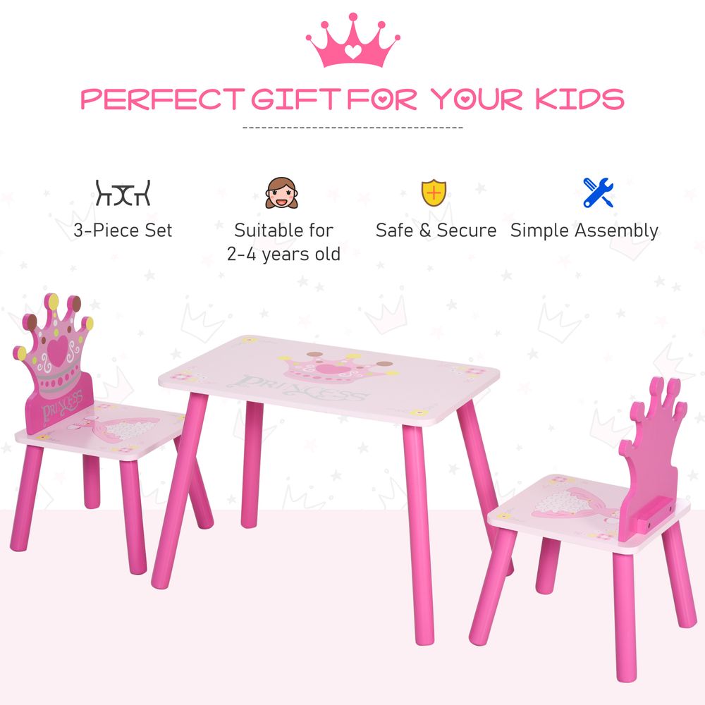 3 Pcs Kids Princess & Crown Chair Table Set Home Furniture 2-4 Yrs Pink HOMCOM - anydaydirect