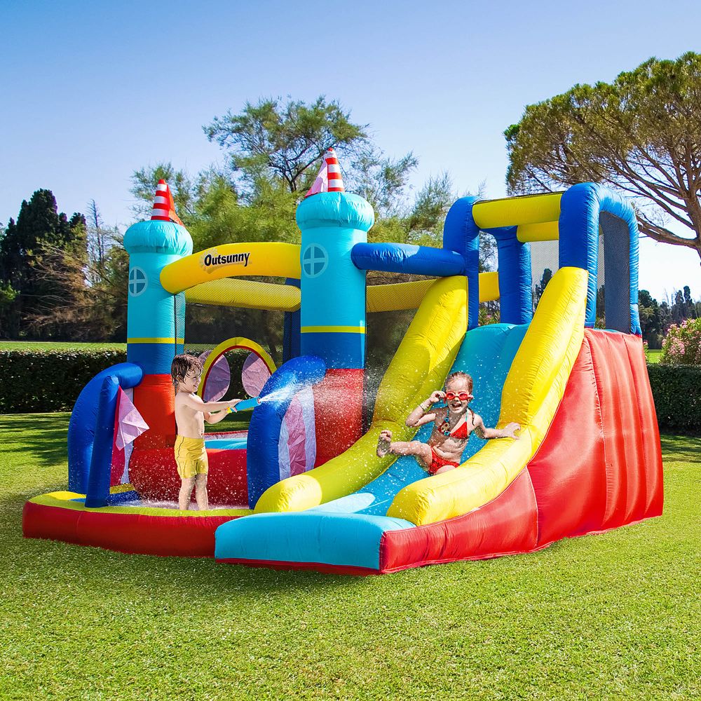 Kids Bouncy Castle with Slide Pool Trampoline Climbing Wall w/ Blower - anydaydirect