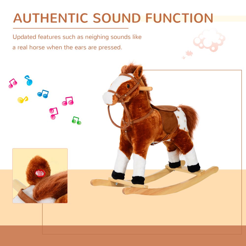 Rocking Horse Toy Plush Wood Pony Riding Rocker Neigh Sound Brown - anydaydirect