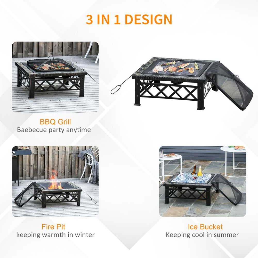 76cm Square Garden Fire Pit Square Table w/ Poker Mesh Cover Log Grate - anydaydirect