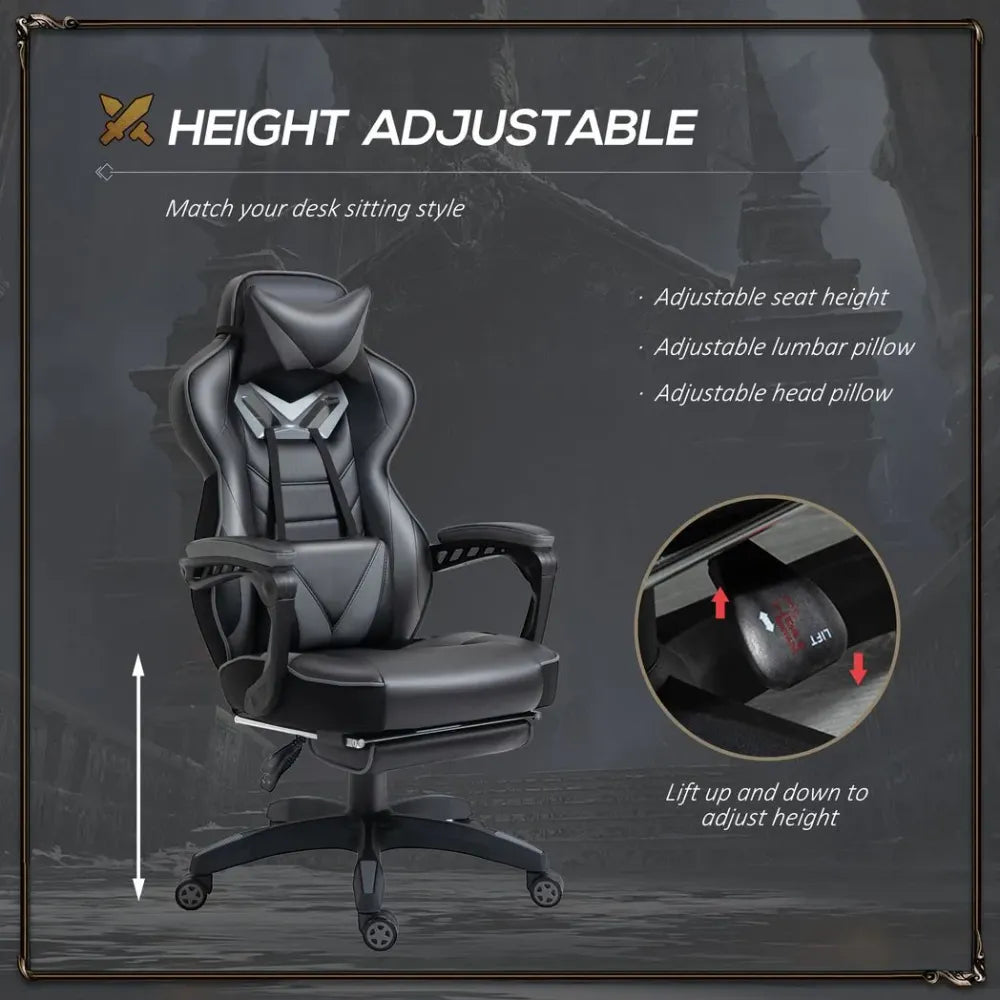 Gaming Chair Ergonomic Reclining w/ Manual Footrest Wheels Stylish Office Grey - anydaydirect