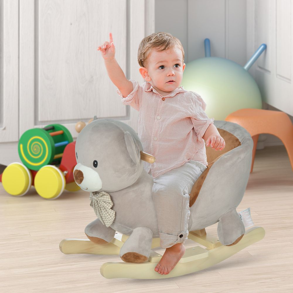 Kids Rocking Bear Plush Ride On Seat Sound Button Wood Base Seat Belt HOMCOM - anydaydirect