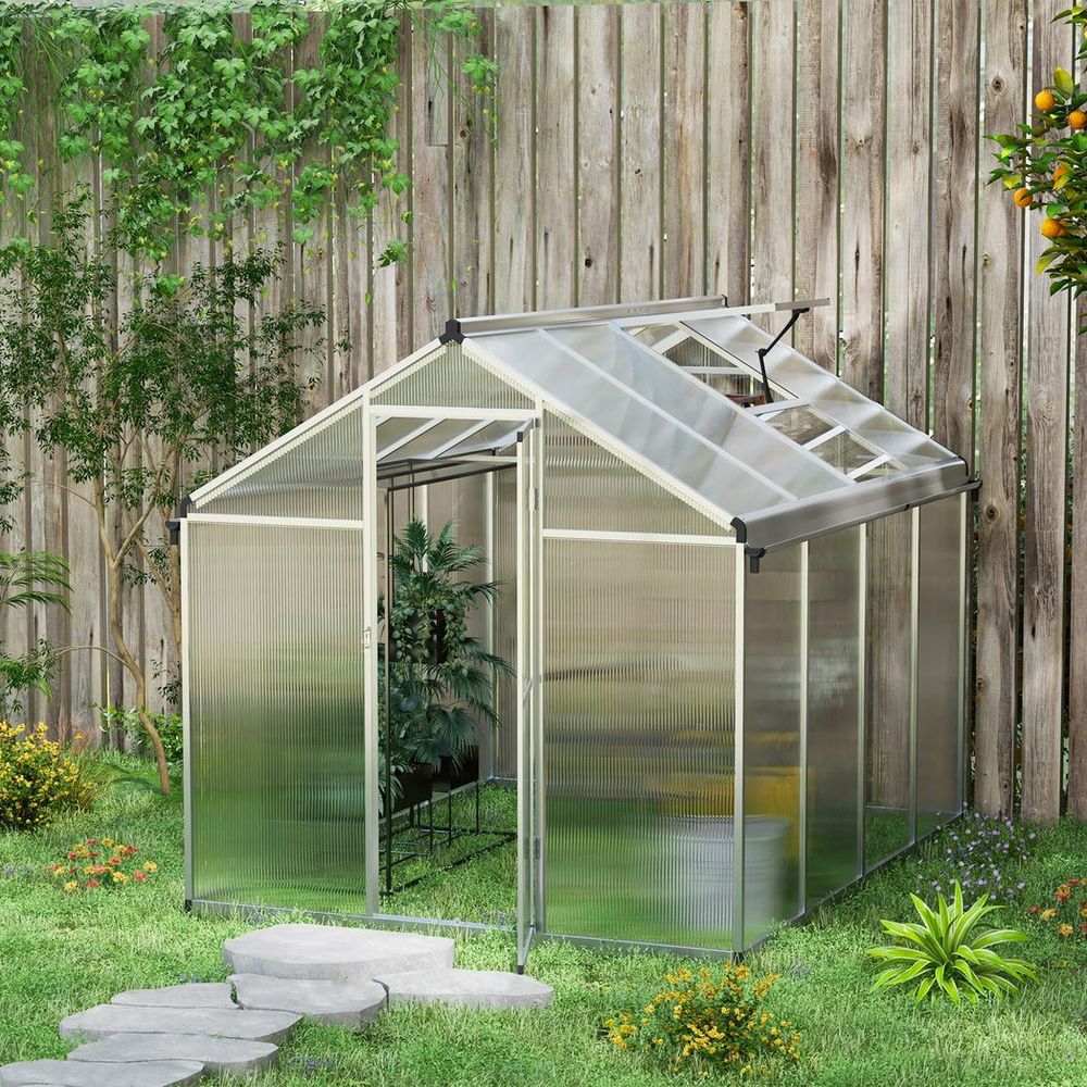 Outsunny 8x6ft Aluminium Greenhouse with/ Door Window Galvanised Base PC Panel - anydaydirect