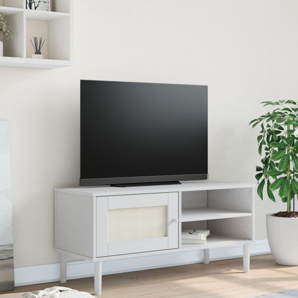 vidaXL TV Cabinet SENJA Rattan Look White 106x40x49cm Solid Wood Pine - anydaydirect