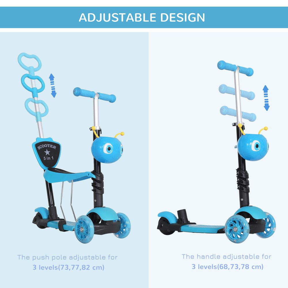 HOMCOM 5-in-1 Kids Kick Scooter 3-wheel Walker w/ Removable Seat Adjustable - anydaydirect