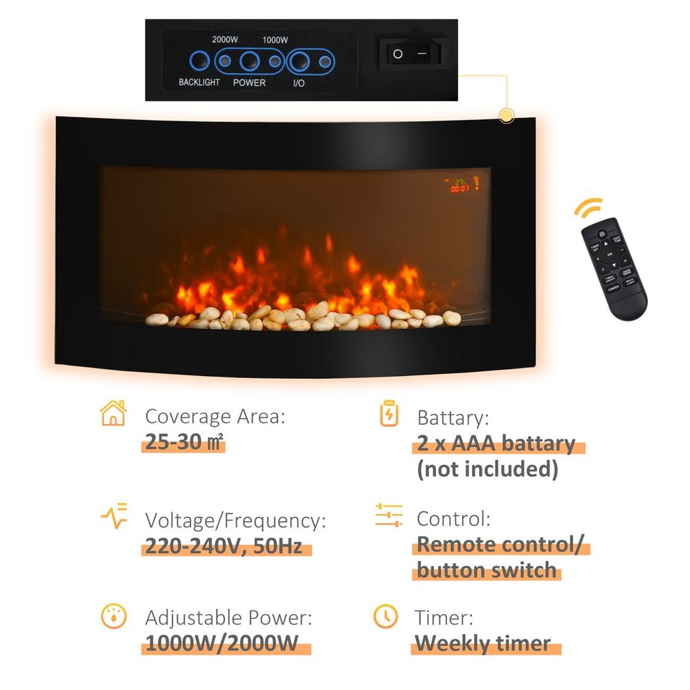 HOMCOM Electric Fireplace Wall Mounted Led Flame Curved Back Side Lights Heater - anydaydirect