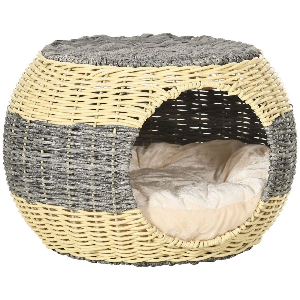 PawHut Wicker Cat House, Rattan Raised Cat Bed w/ Soft Cushion, 40 x 30cm - anydaydirect