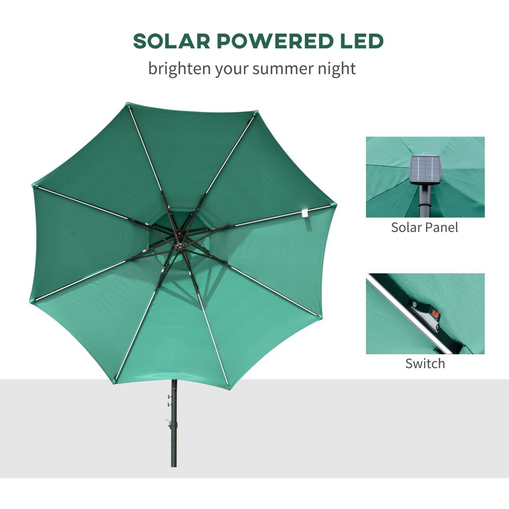 3m Cantilever Banana Parasol Double Roof, LED Solar Crank Green - anydaydirect