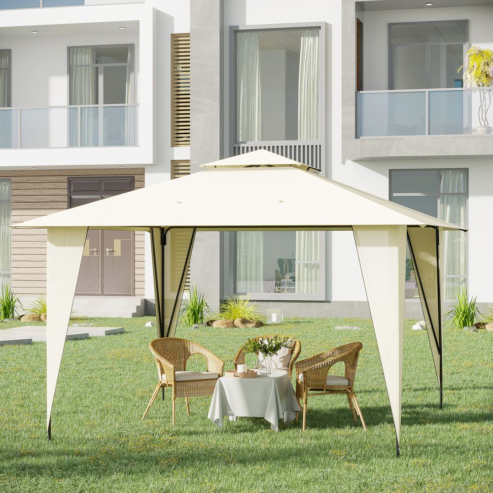 3.5x3.5m Side-Less Outdoor Canopy Tent Gazebo w/ 2-Tier Roof Steel Frame Beige - anydaydirect