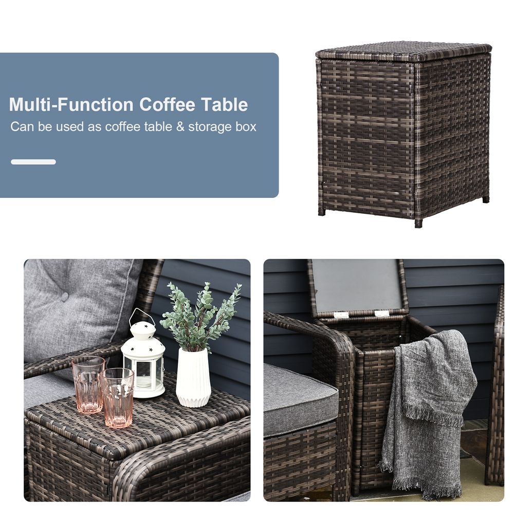 3 Piece PE Rattan Garden Sofa Set w/ 2 Chairs & Storage Table Grey Outsunny - anydaydirect