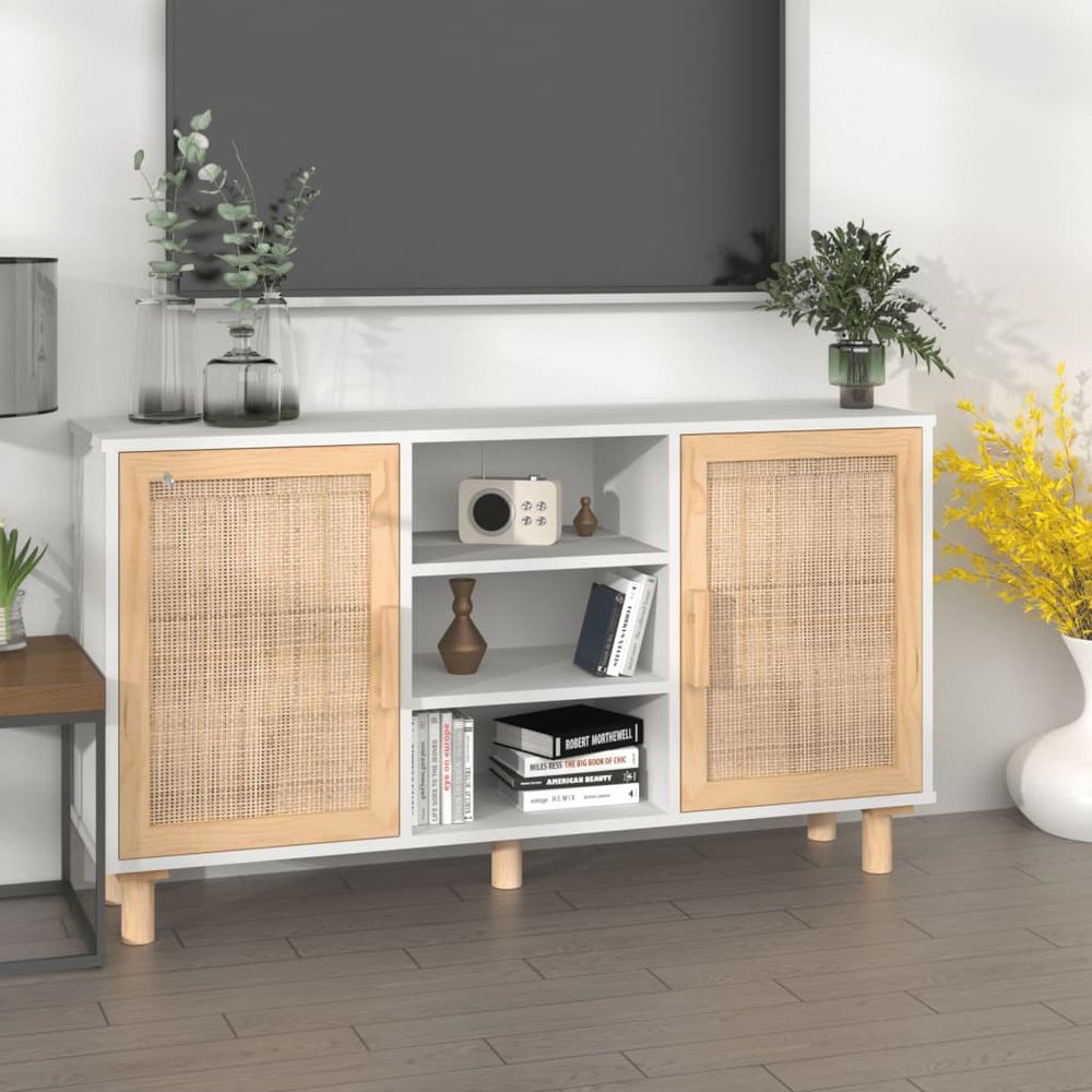 Sideboard White 105x30x60 cm Solid Wood Pine and Natural Rattan - anydaydirect