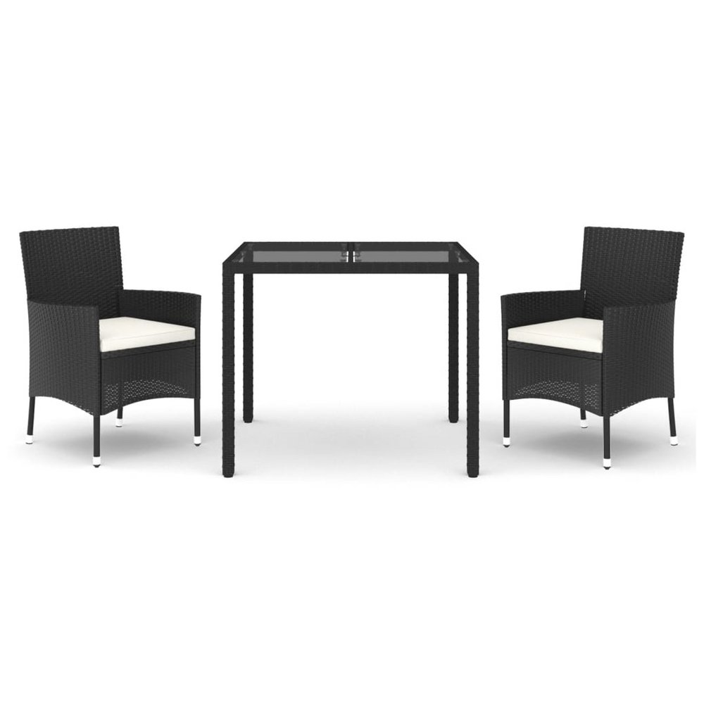 vidaXL 3 Piece Garden Dining Set with Cushions Black Poly Rattan - anydaydirect